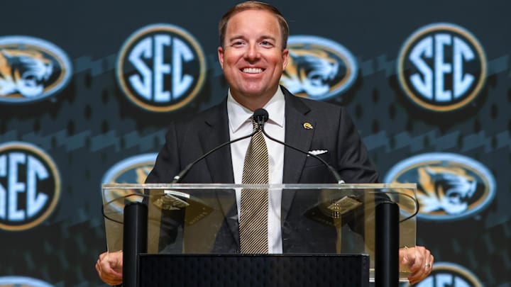 Jul 17, 2025; Atlanta, GA, USA; Missouri Tigers head coach Eliah Drinkwitz talks to the media during the SEC Media Days at Omni Atlanta Hotel. Mandatory Credit: Jordan Godfree-Imagn Images