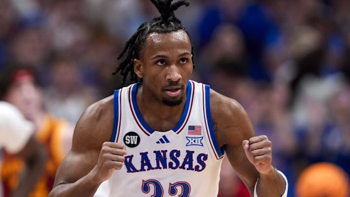 Jan 13, 2026; Lawrence, Kansas, USA; Kansas Jayhawks guard Darryn Peterson (22) reacts during the first half against the Iowa State Cyclones at Allen Fieldhouse. Mandatory Credit: Jay Biggerstaff-Imagn Images Jan 13, 2026; Lawrence, Kansas, USA; Kansas Jayhawks guard Darryn Peterson (22) reacts during the first half against the Iowa State Cyclones at Allen Fieldhouse. Mandatory Credit: Jay Biggerstaff-Imagn Images