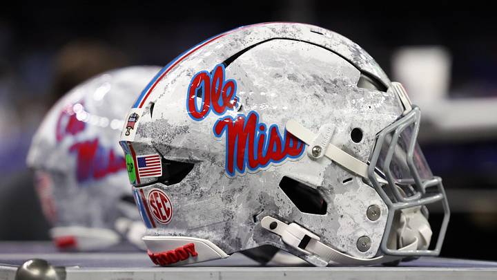 Jan 1, 2026; New Orleans, LA, USA; A Mississippi Rebels helmet is seen prior to the 2026 Sugar Bowl and quarterfinal game of the College Football Playoff against the Georgia Bulldogs at Caesars Superdome. Mandatory Credit: Stephen Lew-Imagn Images