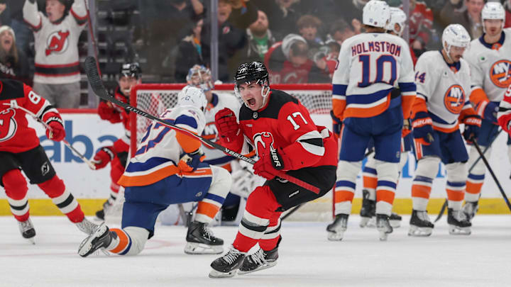 Nov 10, 2025; Newark, New Jersey, USA; New Jersey Devils defenseman Simon Nemec (17) celebrates his goal against the New York Islanders during the third period at Prudential Center. Mandatory Credit: Ed Mulholland-Imagn Images Nov 10, 2025; Newark, New Jersey, USA; New Jersey Devils defenseman Simon Nemec (17) celebrates his goal against the New York Islanders during the third period at Prudential Center. Mandatory Credit: Ed Mulholland-Imagn Images
