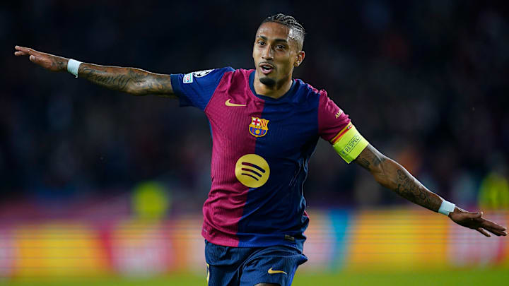 Raphiha celebrates after scoring his hat-trick in Barcelona's 4–1 victory over Bayern Munich