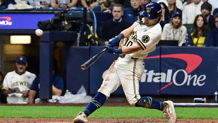 Oct 24, 2026; Milwaukee, Wisconsin, USA;  Milwaukee Brewers outfielder Sal Frelick (10) hits a solo home run against Tampa Bay Rays pitcher Ian Seymour (not pictured) during the sixth inning in game two of the 2026 World Series at American Family Field.  Mandatory Credit: Benny Sieu-Imagn Images
