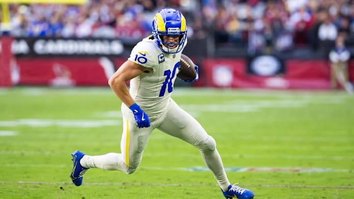 Nov 26, 2023; Glendale, Arizona, USA; Los Angeles Rams wide receiver Cooper Kupp (10) against the Arizona Cardinals in the first half at State Farm Stadium. Mandatory Credit: Mark J. Rebilas-Imagn Images