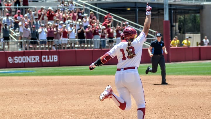Oklahoma's Isabela Emerling celebrates her second-inning home run against Kan sas on Saturday, May 16.