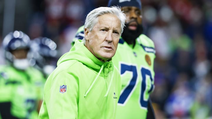 Nov 23, 2023; Seattle, Washington, USA; Seattle Seahawks head coach Pete Carroll walks to the locker room following pregame warmups against the San Francisco 49ers at Lumen Field. Mandatory Credit: Joe Nicholson-Imagn Images