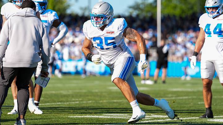 Aug 3, 2026; Allen Park, MI, USA;  Detroit Lions linebacker Joe Bachie (35) takes part in a linebacker drill during Detroit Lions training camp. Mandatory Credit: Paul Barnick-Imagn Images