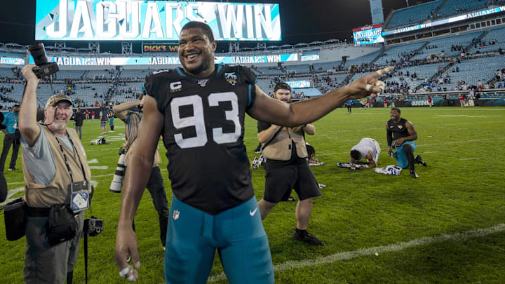 Dec 29, 2019; Jacksonville, Florida, USA; Jacksonville Jaguars defensive end Calais Campbell (93). Douglas DeFelice-USA TODAY Sports