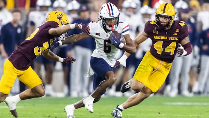 Nov 28, 2025; Tempe, Arizona, USA; Arizona Wildcats wide receiver Javin Whatley (6) against the Arizona State Sun Devils in the second half during the 99th Territorial Cup at Mountain America Stadium. Mandatory Credit: Mark J. Rebilas-Imagn Images