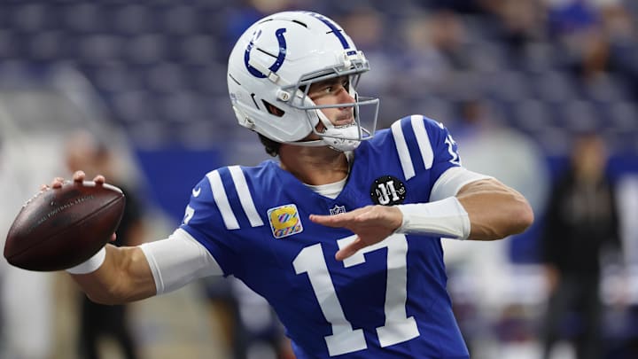 Oct 5, 2025; Indianapolis, Indiana, USA; Indianapolis Colts quarterback Daniel Jones (17) warms up before the game between the Las Vegas Raiders and the Indianapolis Colts at Lucas Oil Stadium. Oct 5, 2025; Indianapolis, Indiana, USA; Indianapolis Colts quarterback Daniel Jones (17) warms up before the game between the Las Vegas Raiders and the Indianapolis Colts at Lucas Oil Stadium.