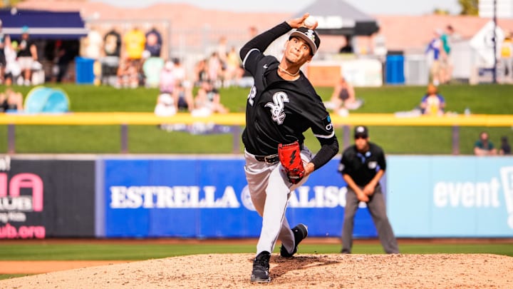 Feb 24, 2026; Peoria, Arizona, USA; Chicago White Sox pitcher Alexander Alberto (62)  during the fourth inning in Peoria, Arizona. Mandatory Credit: Arianna Grainey-Imagn Images