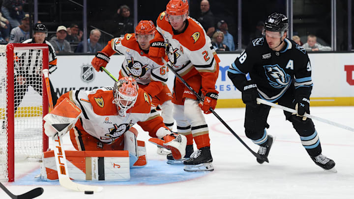Mar 20, 2026; Salt Lake City, Utah, USA; Anaheim Ducks goaltender Lukas Dostal (1) protects the net against the Utah Mammoth during the second period at Delta Center. Mandatory Credit: Rob Gray-Imagn Images Mar 20, 2026; Salt Lake City, Utah, USA; Anaheim Ducks goaltender Lukas Dostal (1) protects the net against the Utah Mammoth during the second period at Delta Center. Mandatory Credit: Rob Gray-Imagn Images