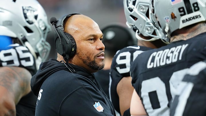 Jan 7, 2024; Paradise, Nevada, USA; Las Vegas Raiders head coach Antonio Pierce is on the sideline during a game against the Denver Broncos during the first quarter at Allegiant Stadium. Mandatory Credit: Stephen R. Sylvanie-Imagn Images Jan 7, 2024; Paradise, Nevada, USA; Las Vegas Raiders head coach Antonio Pierce is on the sideline during a game against the Denver Broncos during the first quarter at Allegiant Stadium. Mandatory Credit: Stephen R. Sylvanie-Imagn Images