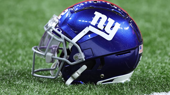 Dec 17, 2023; New Orleans, Louisiana, USA; A detailed view of a New York Giants helmet before the game against the New Orleans Saints at Caesars Superdome.  