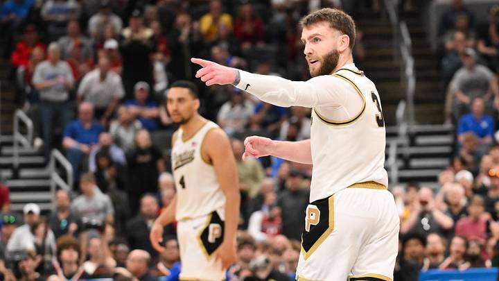 Purdue Boilermakers guard Braden Smith (3) celebrates after a play in the NCAA Tournament. Purdue Boilermakers guard Braden Smith (3) celebrates after a play in the NCAA Tournament.
