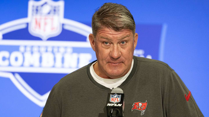 Feb 27, 2024; Indianapolis, IN, USA; Tampa Bay Buccaneers general manager Jason Licht talks to the Feb 27, 2024; Indianapolis, IN, USA; Tampa Bay Buccaneers general manager Jason Licht talks to the
