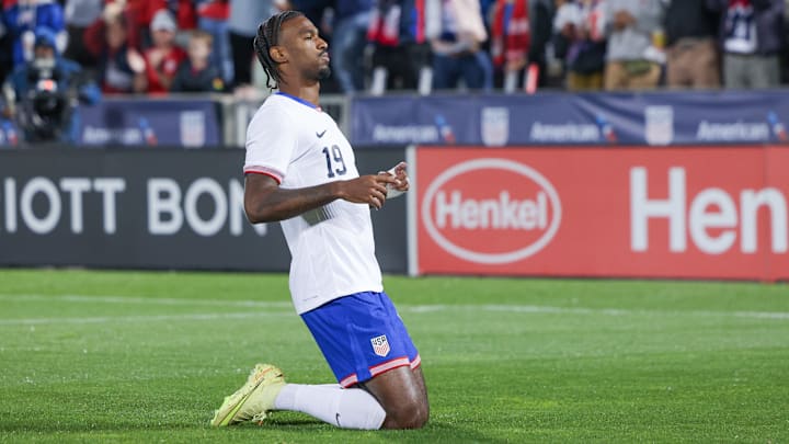 Haji Wright celebrates one of his two goals for the USMNT against Australia.