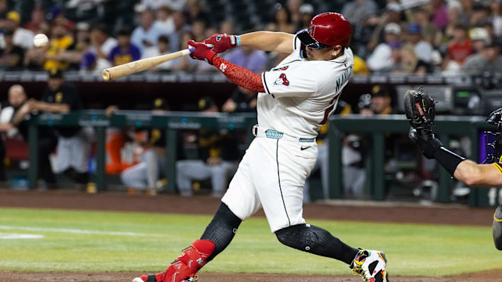 May 27, 2025; Phoenix, Arizona, USA; Arizona Diamondbacks first baseman Josh Naylor against the Pittsburgh Pirates at Chase Field. Mandatory Credit: Mark J. Rebilas-Imagn Images