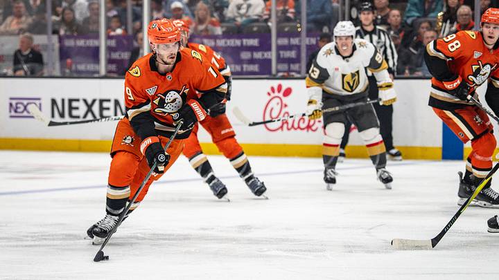 May 10, 2026; Anaheim, California, USA; Anaheim Ducks right wing Troy Terry (19) skates with the puck against Vegas Golden Knights during the second period in game four of the second round of the 2026 Stanley Cup Playoffs at Honda Center. Mandatory Credit: Corinne Votaw-Imagn Images May 10, 2026; Anaheim, California, USA; Anaheim Ducks right wing Troy Terry (19) skates with the puck against Vegas Golden Knights during the second period in game four of the second round of the 2026 Stanley Cup Playoffs at Honda Center. Mandatory Credit: Corinne Votaw-Imagn Images