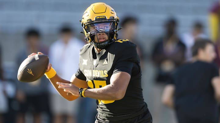 Oct 25, 2025; Tempe, Arizona, USA; Arizona State Sun Devils quarterback Cameron Dyer (13) against the Houston Cougars at Mountain America Stadium. Mandatory Credit: Mark J. Rebilas-Imagn Images