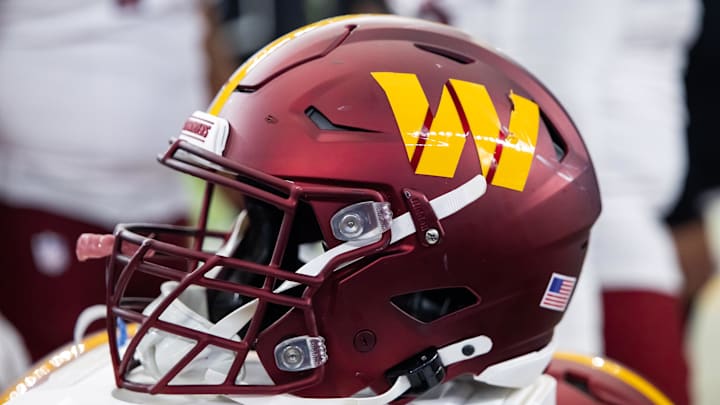 Sep 29, 2024; Glendale, Arizona, USA; Detailed view of a Washington Commanders helmet at State Farm Stadium. Mandatory Credit: Mark J. Rebilas-Imagn Images