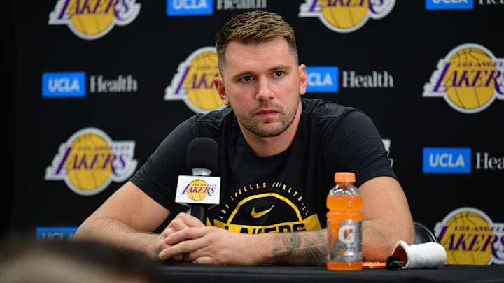 Sep 29, 2025; Los Angeles, CA, USA; Los Angeles Lakers guard Luka Doncic (77) during media day at UCLA Health Training Center. Mandatory Credit: Gary A. Vasquez-Imagn Images