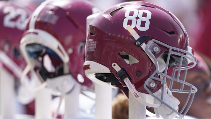 Sep 14, 2024; Madison, Wisconsin, USA; General view of Alabama Crimson Tide helmets during the game against the Wisconsin Badgers at Camp Randall Stadium. Mandatory Credit: Jeff Hanisch-Imagn Images Sep 14, 2024; Madison, Wisconsin, USA; General view of Alabama Crimson Tide helmets during the game against the Wisconsin Badgers at Camp Randall Stadium. Mandatory Credit: Jeff Hanisch-Imagn Images