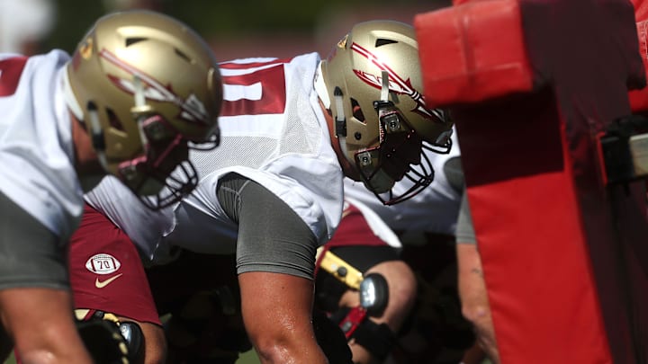 FSU's offensive line works out during their opening practice for fall camp at the Al Dunlap Training Facility Monday, Aug. 6, 2018. 

636691563153527519-B49I3032.jpg