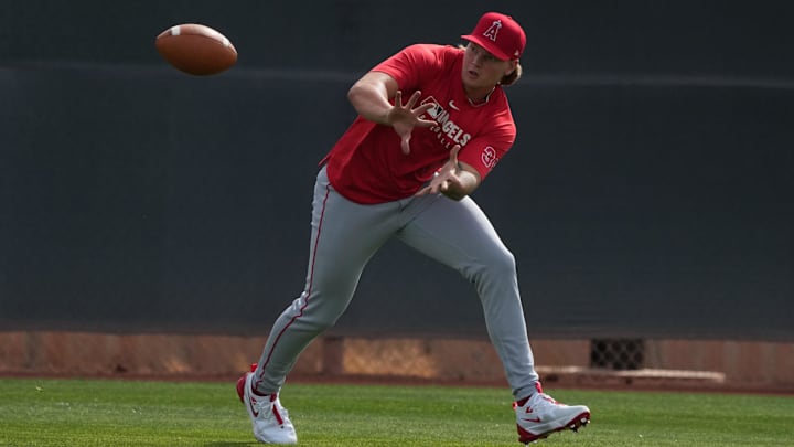 Angels pitcher Caden Dana (36) warms up during spring training camp on Feb. 16.