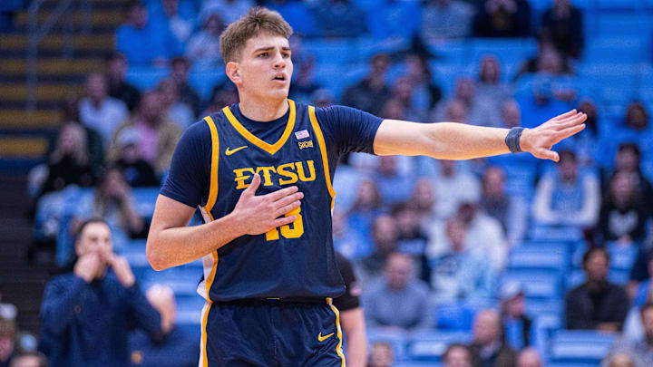 Dec 16, 2025; Chapel Hill, North Carolina, USA; ETSU Buccaneers forward Blake Barkley (13) calls out the play during the first half against the North Carolina Tar Heels at Dean E. Smith Center. Mandatory Credit: Scott Kinser-Imagn Images