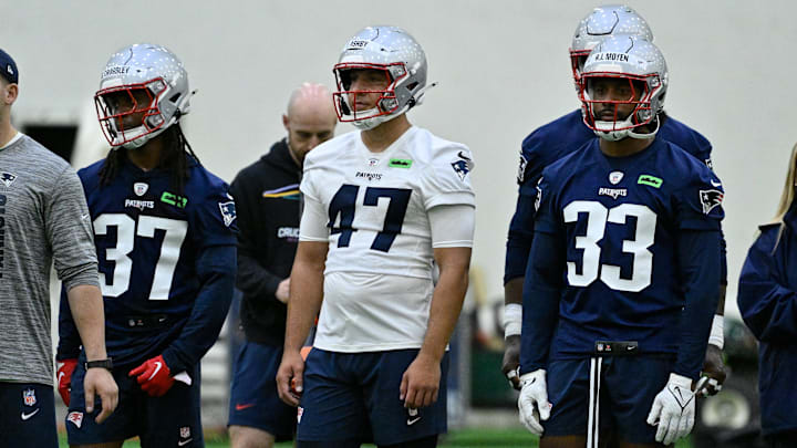 May 9, 2025; Foxborough, MA, USA; New England Patriots long snapper Julian Ashby (47) waits for his turn at practice during rookie camp at Gillette Stadium. Mandatory Credit: Eric Canha-Imagn Images