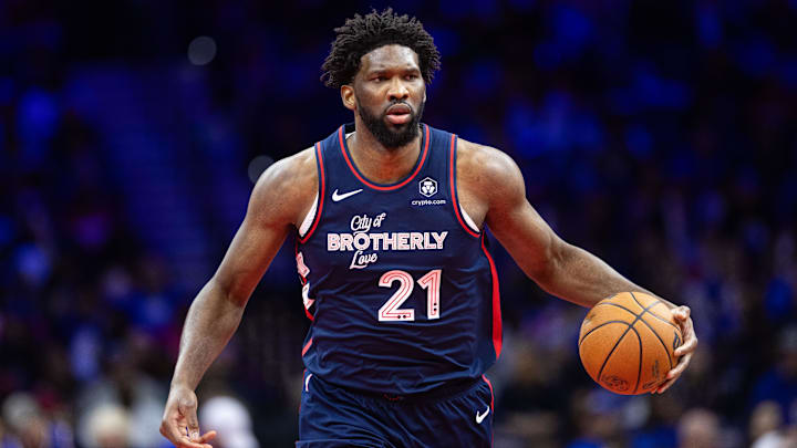Nov 21, 2023; Philadelphia, Pennsylvania, USA; Philadelphia 76ers center Joel Embiid (21) in action against the Cleveland Cavaliers during the fourth quarter at Wells Fargo Center. Mandatory Credit: Bill Streicher-Imagn Images