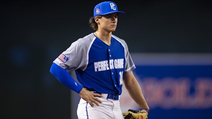 Aug 28, 2022; Phoenix, Arizona, US; East infielder Aidan Miller (16) during the Perfect Game