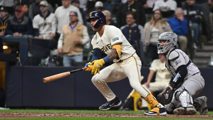 Apr 26, 2024; Milwaukee, Wisconsin, USA; Milwaukee Brewers third base Joey Ortiz (3) drives in the game-winning run.
