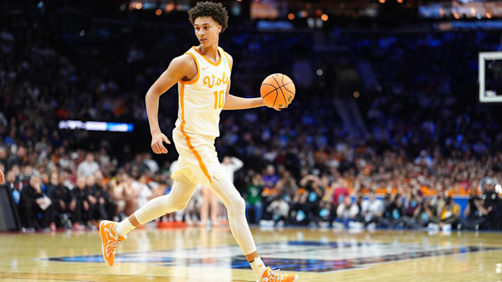 Mar 20, 2026; Philadelphia, PA, USA; Tennessee Volunteers forward Nate Ament (10) drives to the basket and looks to pass during the first half against the Miami (OH) RedHawks during a first round game of the men's 2026 NCAA Tournament at Xfinity Mobile Arena. Mandatory Credit: Kyle Ross-Imagn Images