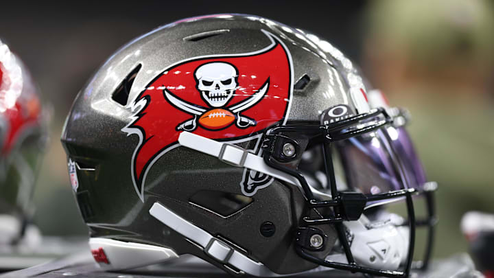 A Tampa Bay Buccaneers helmet is seen on the sidelines prior to a game against the New Orleans Saints 