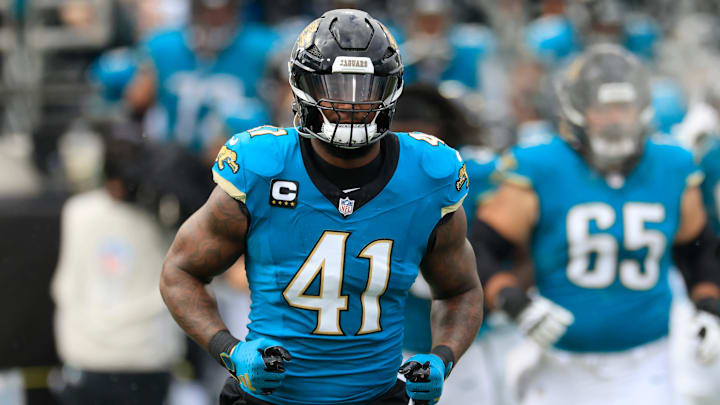 Jacksonville Jaguars defensive end Josh Hines-Allen (41) runs on the field before an NFL football matchup Sunday, Dec. 15, 2024 at EverBank Stadium in Jacksonville, Fla. [Corey Perrine/Florida Times-Union]