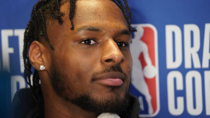 May 14, 2024; Chicago, IL, USA; Bronny James talks to the media during the 2024 NBA Draft Combine at Wintrust Arena. Mandatory Credit: David Banks-USA TODAY Sports May 14, 2024; Chicago, IL, USA; Bronny James talks to the media during the 2024 NBA Draft Combine at Wintrust Arena. Mandatory Credit: David Banks-USA TODAY Sports