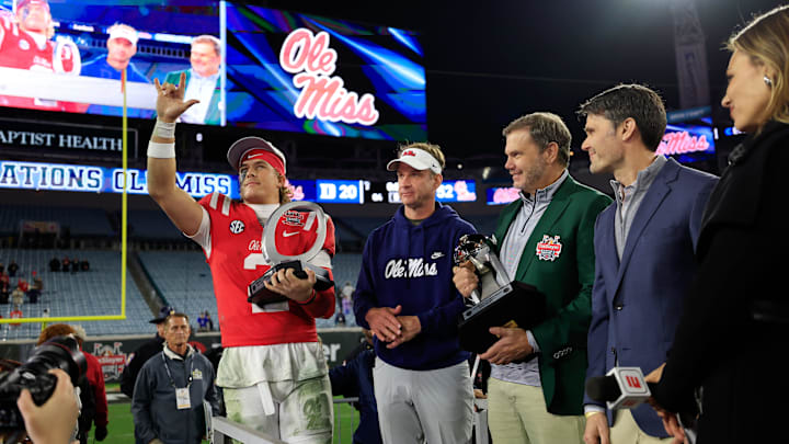 Mississippi Rebels quarterback Jaxson Dart (2) acknowledges the crowd after the game after receiving MVP accolades of the TaxSlayer Gator Bowl Thursday, Jan. 2, 2025 at EverBank Stadium in Jacksonville, Fla. Ole Miss defeated Duke 52-20. [Corey Perrine/Florida Times-Union]