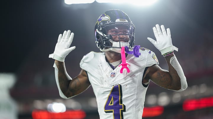 Oct 21, 2024; Tampa, Florida, USA; Baltimore Ravens wide receiver Zay Flowers (4) reacts after a play against the Tampa Bay Buccaneers in the second quarter at Raymond James Stadium. Mandatory Credit: Nathan Ray Seebeck-Imagn Images