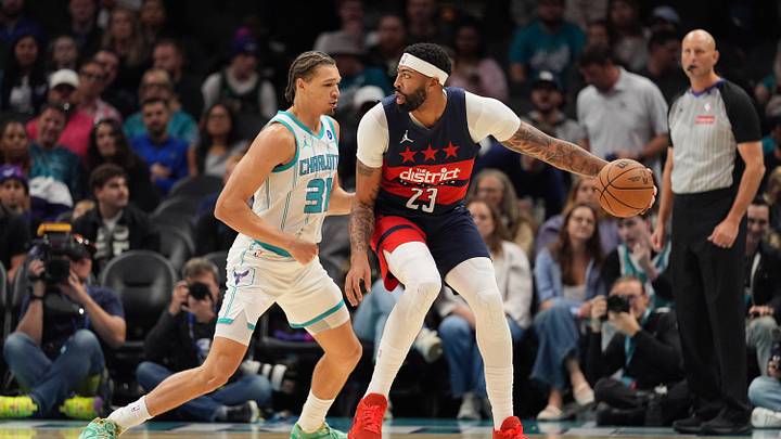 Oct 26, 2026; Charlotte, North Carolina, USA; Washington Wizards forward Anthony Davis (23) handles the ball against Charlotte Hornets forward Tidjane Salaun (31) during the first half at the Spectrum Center. Mandatory Credit: Jim Dedmon-Imagn Images Oct 26, 2026; Charlotte, North Carolina, USA; Washington Wizards forward Anthony Davis (23) handles the ball against Charlotte Hornets forward Tidjane Salaun (31) during the first half at the Spectrum Center. Mandatory Credit: Jim Dedmon-Imagn Images