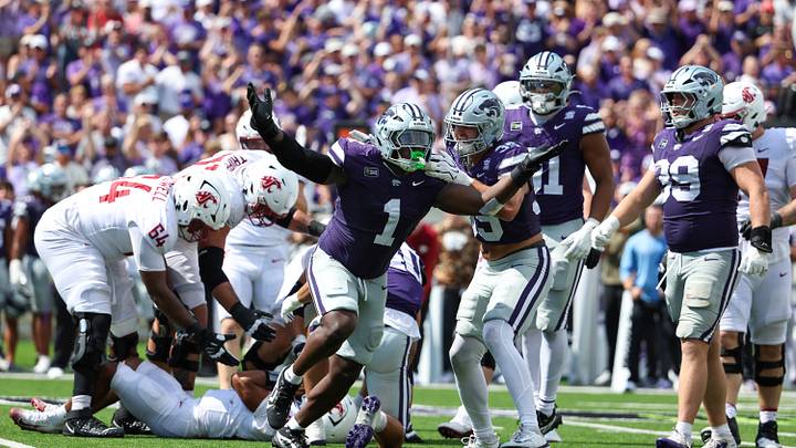 Sep 12, 2026; Manhattan, Kansas, USA; Kansas State Wildcats defensive end Wendell Gregory (1) and linebacker Gabe Powers (35) celebrate a sack against the Washington State Cougars in the third quarter at Bill Snyder Family Football Stadium. Mandatory Credit: Scott Sewell-Imagn Images Sep 12, 2026; Manhattan, Kansas, USA; Kansas State Wildcats defensive end Wendell Gregory (1) and linebacker Gabe Powers (35) celebrate a sack against the Washington State Cougars in the third quarter at Bill Snyder Family Football Stadium. Mandatory Credit: Scott Sewell-Imagn Images