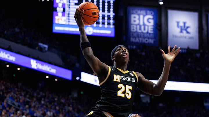 Jan 7, 2026; Lexington, Kentucky, USA; Missouri Tigers forward Mark Mitchell (25) takes the ball to the basket during the first half against the Kentucky Wildcats at Rupp Arena at Central Bank Center. Mandatory Credit: Jordan Prather-Imagn Images