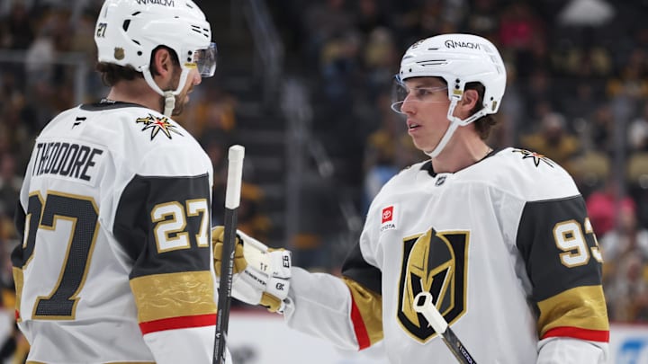 Mar 1, 2026; Pittsburgh, Pennsylvania, USA; Vegas Golden Knights defenseman Shea Theodore (27) and right wing Mitch Marner (93) talk on the ice against the Pittsburgh Penguins during the third period at PPG Paints Arena. Mandatory Credit: Charles LeClaire-Imagn Images Mar 1, 2026; Pittsburgh, Pennsylvania, USA; Vegas Golden Knights defenseman Shea Theodore (27) and right wing Mitch Marner (93) talk on the ice against the Pittsburgh Penguins during the third period at PPG Paints Arena. Mandatory Credit: Charles LeClaire-Imagn Images