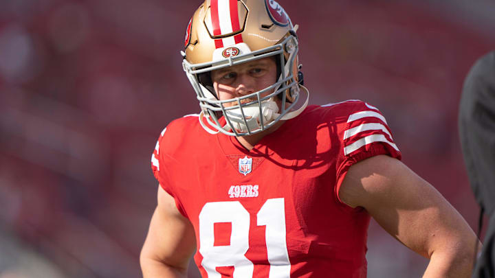 Dec 24, 2022; Santa Clara, California, USA;  San Francisco 49ers tight end Tyler Kroft (81) warms up