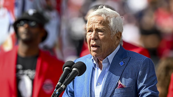 Sep 21, 2025; Foxborough, Massachusetts, USA; CEO of the New England Patriots Robert Kraft during halftime at Gillette Stadium. Mandatory Credit: Brian Fluharty-Imagn Images