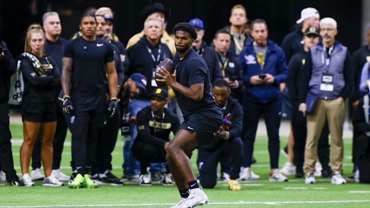 Apr 4, 2025; Boulder, CO, USA; Colorado Buffaloes quarterback Shedeur Sanders (2) looks to make a pass at the University of Colorado NFL Showcase at the CU Indoor Practice Facility. Mandatory Credit: Michael Ciaglo-Imagn Images Apr 4, 2025; Boulder, CO, USA; Colorado Buffaloes quarterback Shedeur Sanders (2) looks to make a pass at the University of Colorado NFL Showcase at the CU Indoor Practice Facility. Mandatory Credit: Michael Ciaglo-Imagn Images