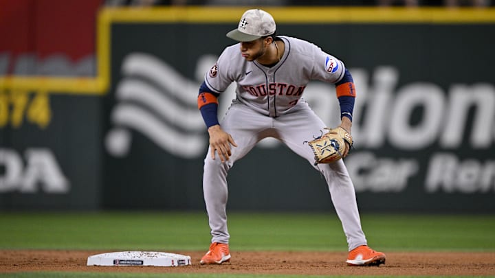 May 16, 2025; Arlington, Texas, USA; Houston Astros shortstop Jeremy Pena (3) looks on as a ball hit by Texas Rangers center fielder Evan Carter (not pictured) gets past him for an error during the second inning at Globe Life Field. May 16, 2025; Arlington, Texas, USA; Houston Astros shortstop Jeremy Pena (3) looks on as a ball hit by Texas Rangers center fielder Evan Carter (not pictured) gets past him for an error during the second inning at Globe Life Field.