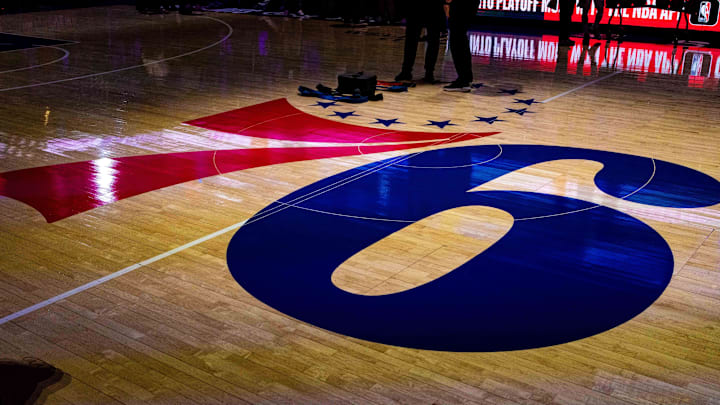May 11, 2023; Philadelphia, Pennsylvania, USA; General view of center court with the Philadelphia 76ers logo before game six of the 2023 NBA playoffs against the Boston Celtics at Wells Fargo Center. Mandatory Credit: Bill Streicher-Imagn Images