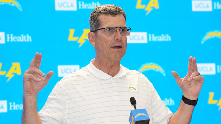 May 7, 2025; El Segundo CA, USA; Los Angeles Chargers coach Jim Harbaugh during press conference at The Bolt. Mandatory Credit: Kirby Lee-Imagn Images