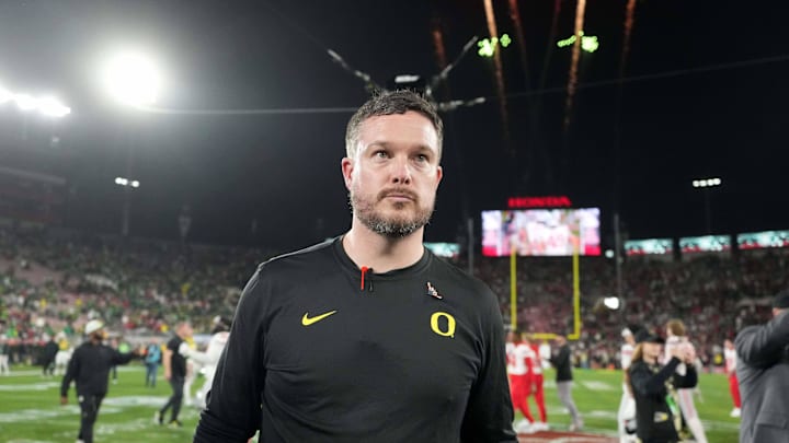 Jan 1, 2025; Pasadena, CA, USA; Oregon Ducks head coach Dan Lanning leaves the field after a CFP Quarterfinal against the Ohio State Buckeyes at Rose Bowl Stadium. 